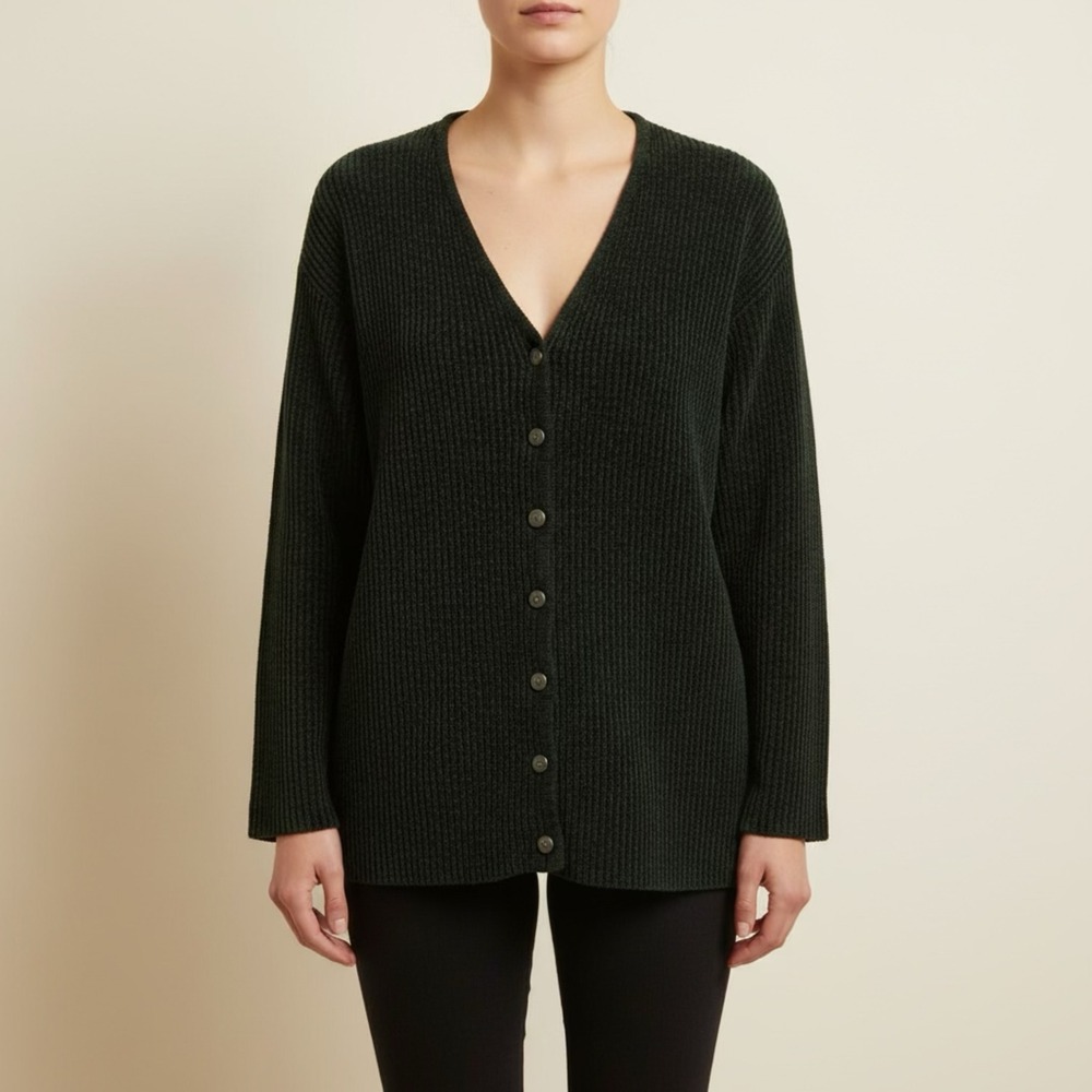 Benetton Vintage Forest Green Ribbed Chenille Cardigan Italy Cashmere Bend VNeck